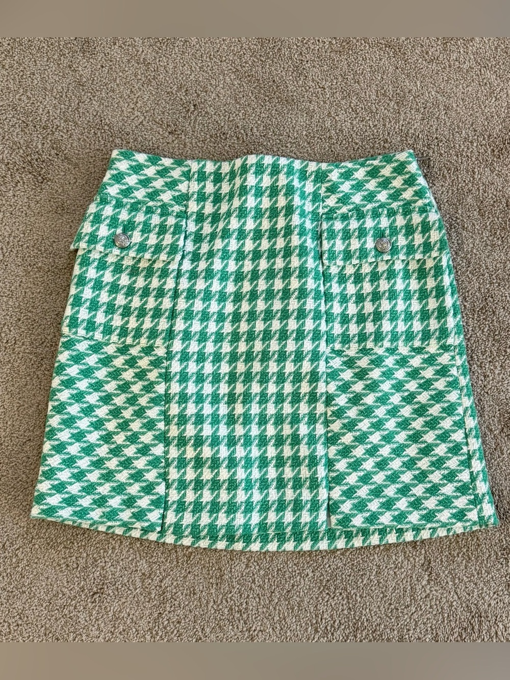 Karl Lagerfeld Paris Green & White Houndstooth Skirt Silver Crest Buttons Size 8 - Picture 3 of 11